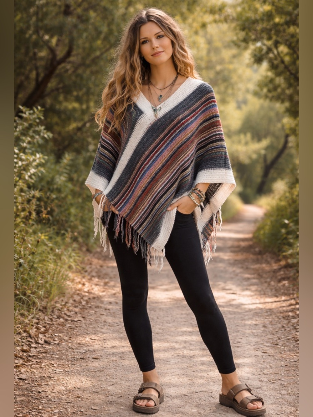 Artisan Multicolor Striped Fringe Poncho with Cream Trim